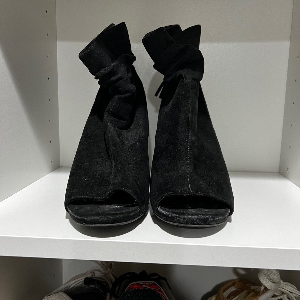 Black Suede Peep-Toe Ankle Boots